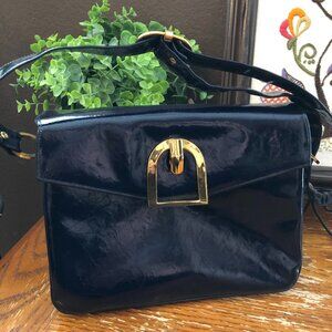 Saks Fifth Avenue Glossy NAVY Patent Leather Handbag with Gold tone Hardware
